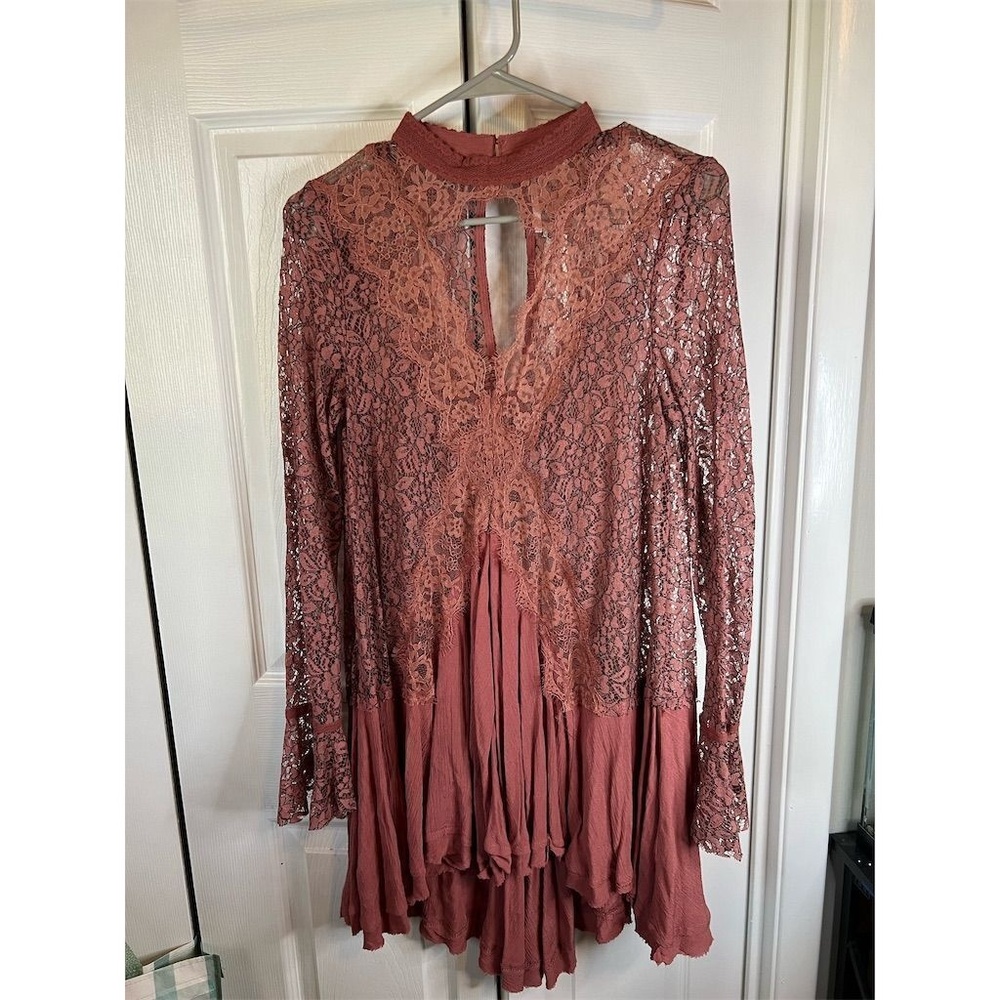 Free People Secret Origins Lace Tunic Dusty Mauve Pink Long Sleeve Dress Size S